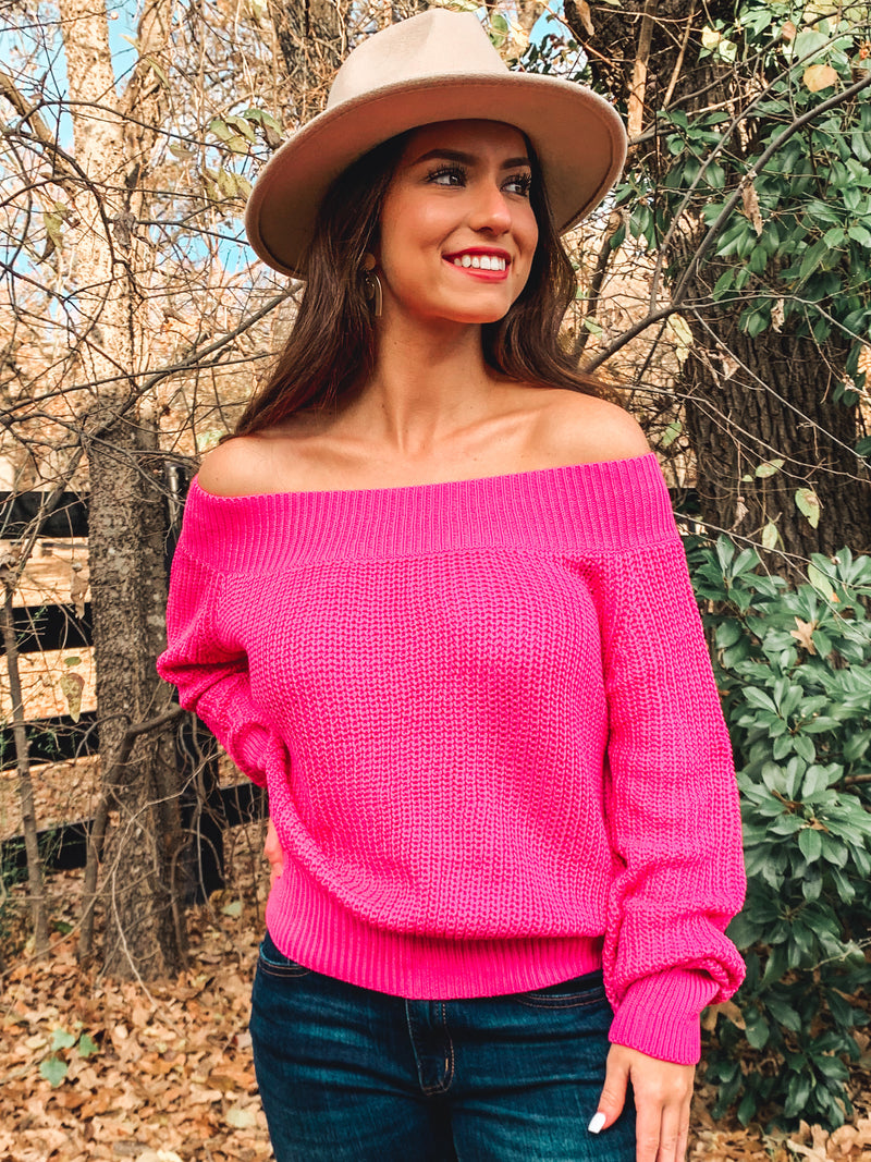 PINK OFF SHOULDER BALLOON SLEEVE SWEATER