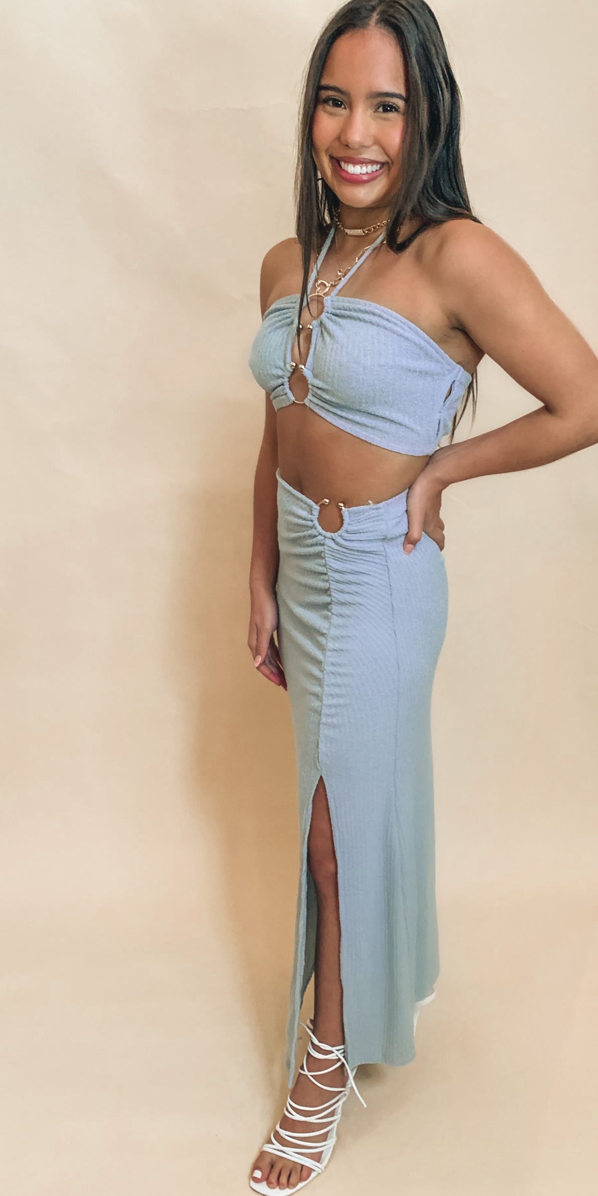 TEXTURED RIB CUT OUT BANDEAU TOP
