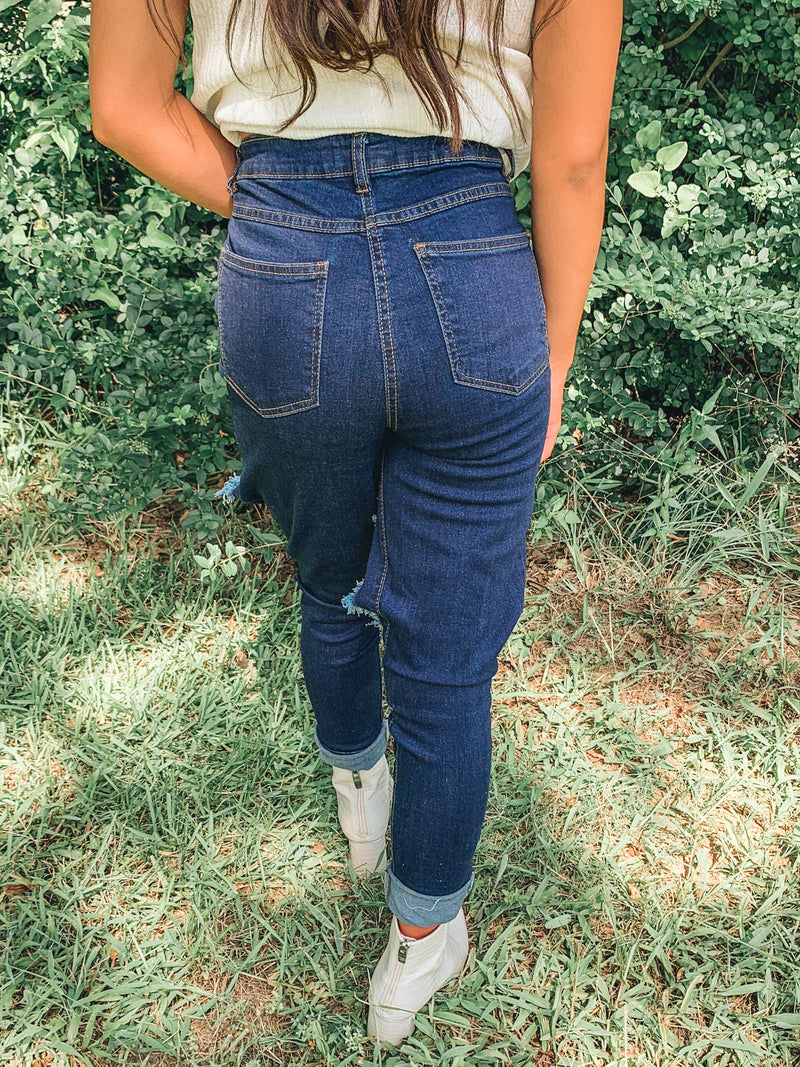 Dark blue distressed high waist skinny jean