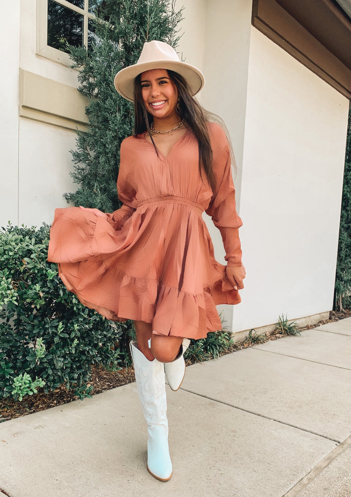 BROWN V-NECK RUFFLE MINI DRESS
