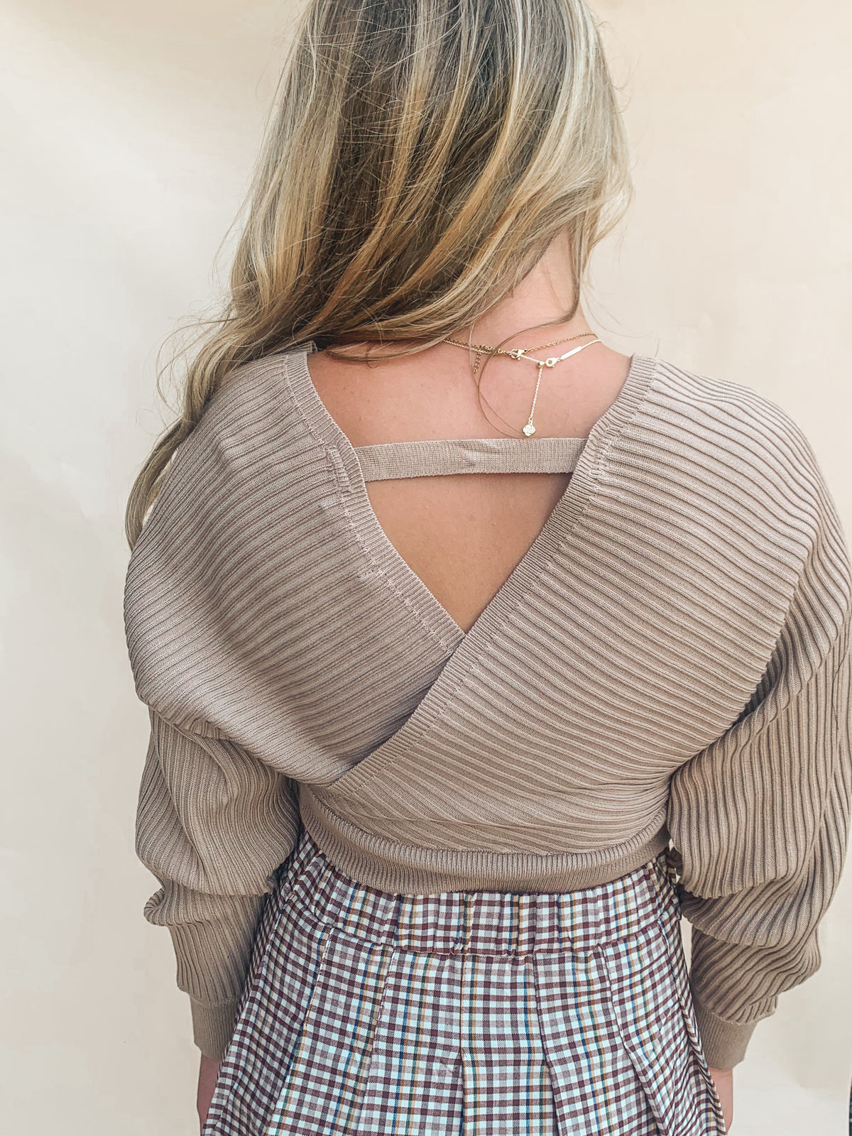 Khaki V Neck Waist Taper Sweater