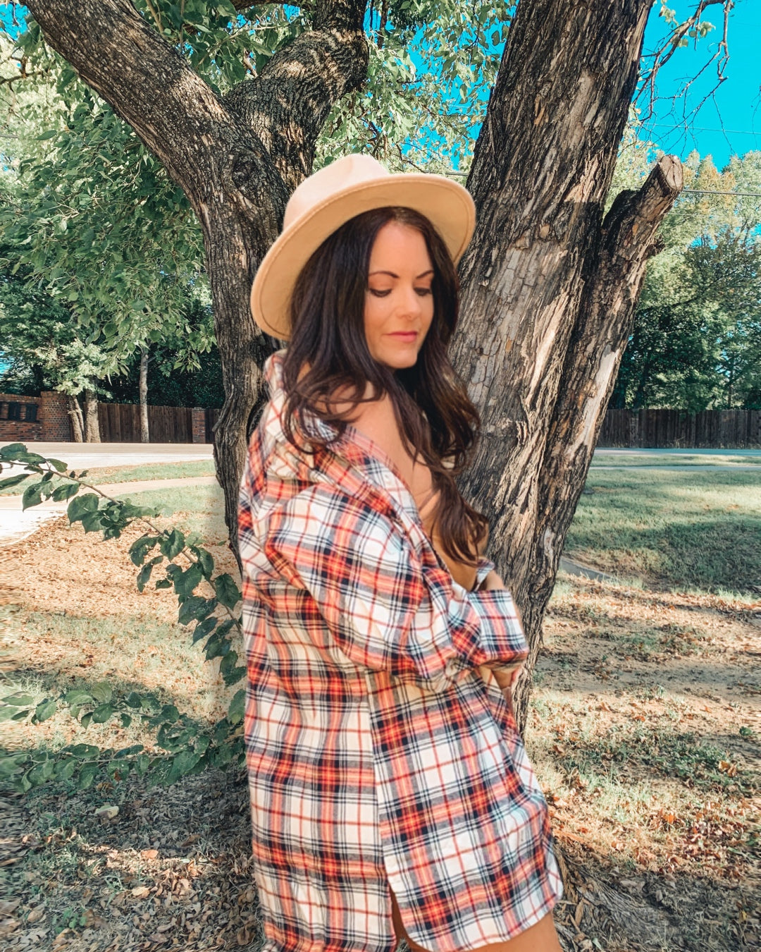 ORANGE OVERSIZED PUFF SLEEVES PLAID SHIRT