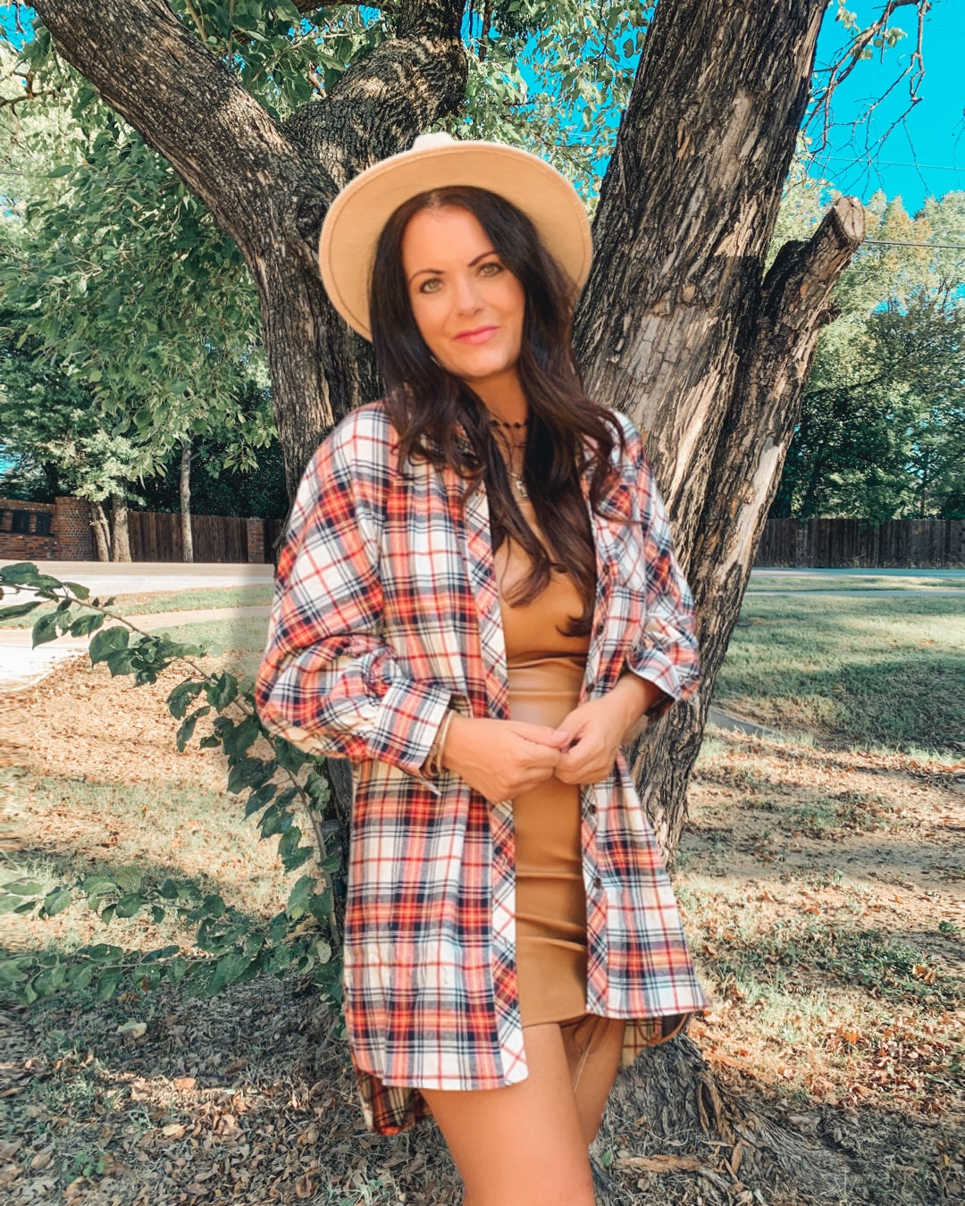 ORANGE OVERSIZED PUFF SLEEVES PLAID SHIRT