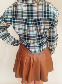BROWN HIGH RISE LEATHER PLEATED MINI SKIRT