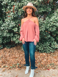 MAUVE SOLID OFF THE SHOULDER TOP WITH STRAP DETAIL