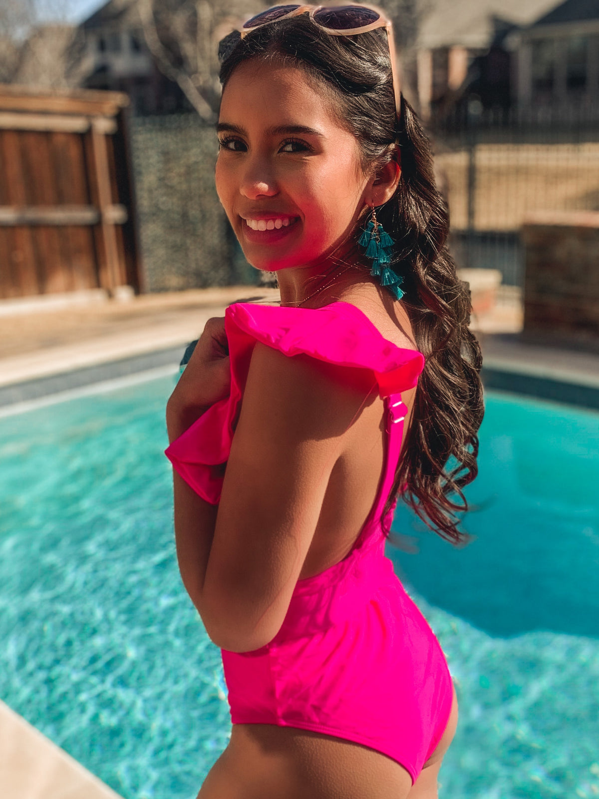 Pink One Piece Ruffle Belted One Piece