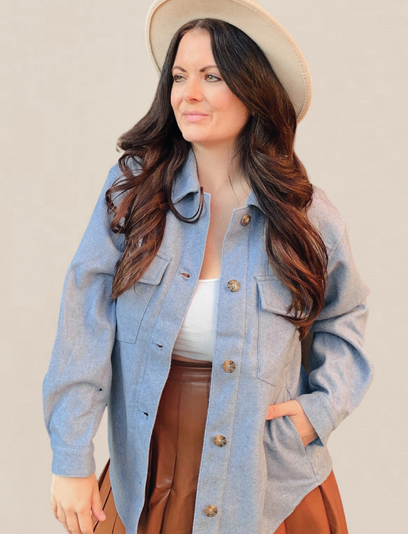 Blue Fleece Oversized Solid Shacket