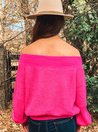 PINK OFF SHOULDER BALLOON SLEEVE SWEATER