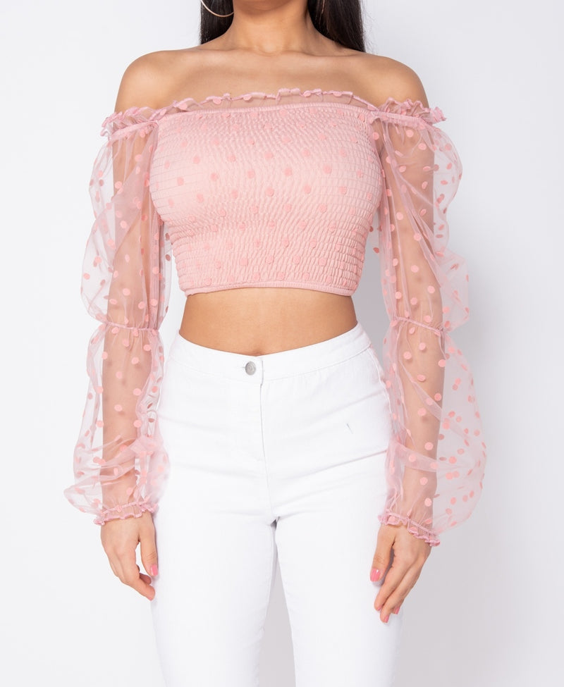 Best seller!!! Pink Polka Dot Sheer Shirring Detail Bardot Crop Top