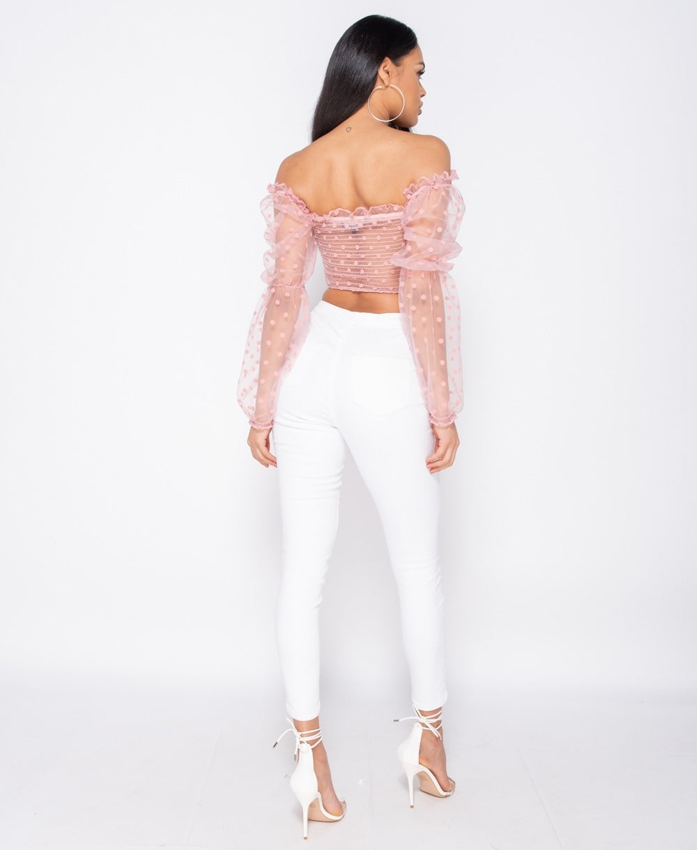 Best seller!!! Pink Polka Dot Sheer Shirring Detail Bardot Crop Top